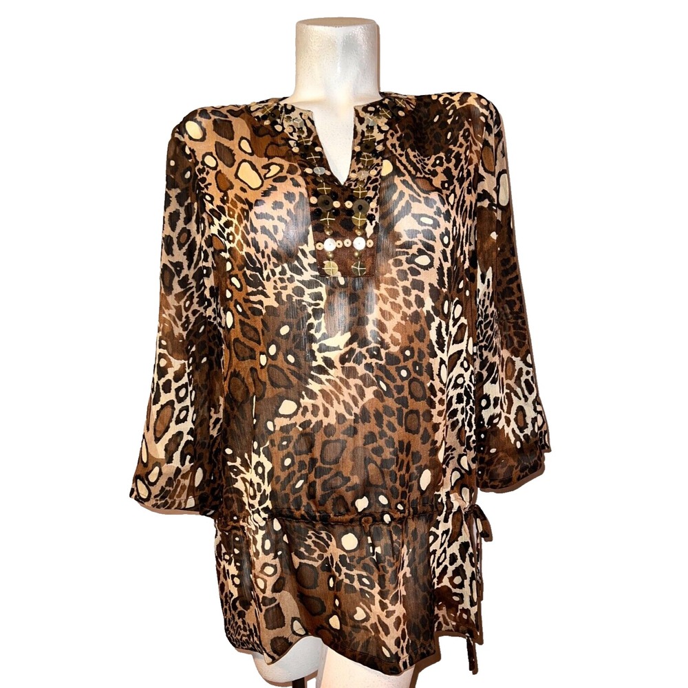 Ruby Rd Womens Leopard Print Embellished V-Neck Sheer Tunic Top Brown Size 14
